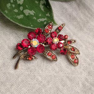 Gold Brooch with Red Flowers